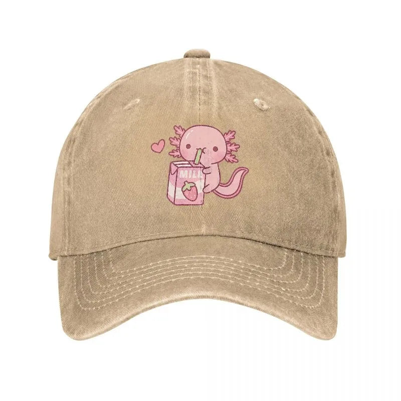Cute Axolotl Drinking Milk Washed Denim Baseball Cap