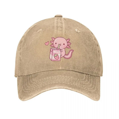 Cute Axolotl Drinking Milk Washed Denim Baseball Cap
