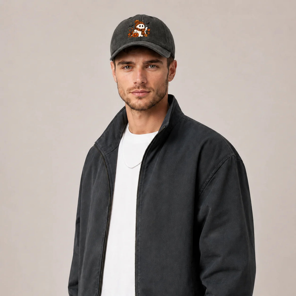 Scarf Ghost And Pumpkin Graphic Baseball Cap