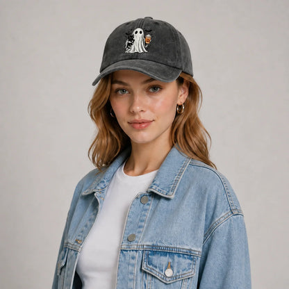 Vintage Washed Ghost Black Cat Coffee Graphic Baseball Cap