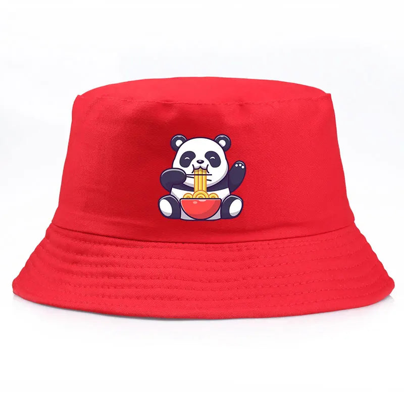Panda Eating Noodles Pattern Reversible Bucket Hat