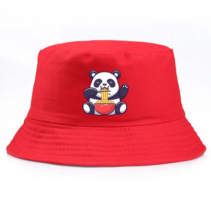Panda Eating Noodles Pattern Reversible Bucket Hat