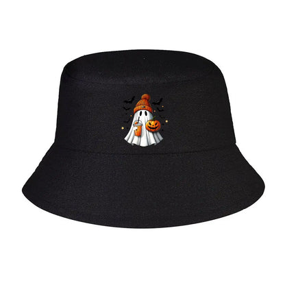 Cute Halloween Ghost With Knitted Beanie Pumpkin And Bubble Tea Bucket Hat