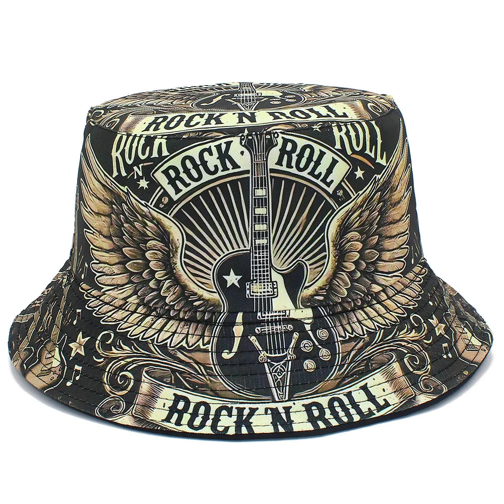 Rock Roll Letters Guitar Print Bucket Hat Double Sides Fisherman Hat Panama Cap