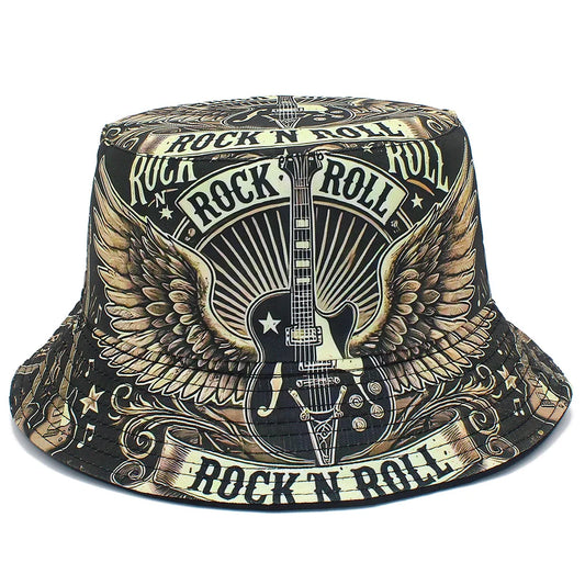 Rock Roll Letters Guitar Print Bucket Hat Double Sides Fisherman Hat Panama Cap