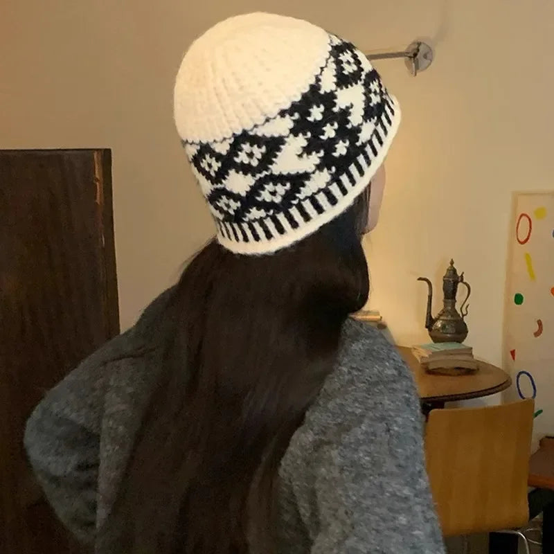 Winter Warm Knitted Hat for Women Retro Embroidered Wool Blend Bucket Hats