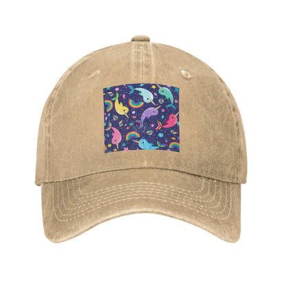 Rainbow Narwhals Under the Sea Blue Washed Denim Cap Casual Baseball Caps