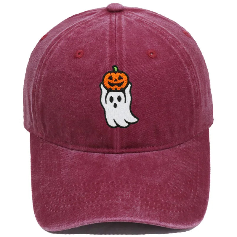 Vintage Washed Cute Ghost Holding Pumpkin Embroidery Baseball Cap