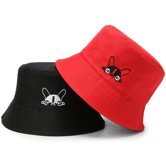 Portable Double-sided Wear Bucket Hat Cute Dog Embroidered Japanese Style