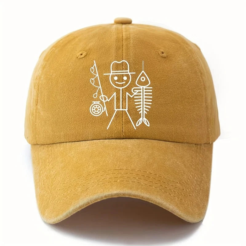Printed Cartoon Man Fishing Baseball Cap