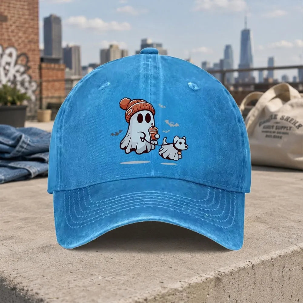 Retro Casual Halloween Ghost Dog Washed Baseball Cap