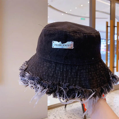 Summer Unisex Tassel Washed Denim Bucket Hats Fashion for Women