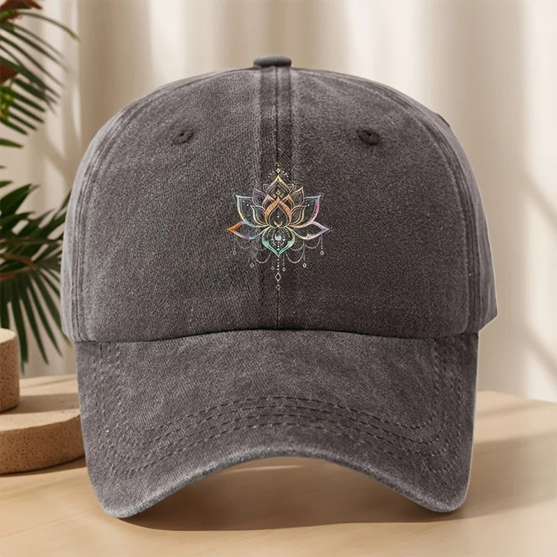 Vintage Versatile Cartoon Lotus Print Washed Vintage Soft Top Sunshade Baseball Cap