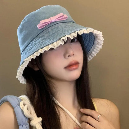 Casual Big Brimmed Denim Bucket Hat Y2K Sunscreen Lace Fisherman Hat
