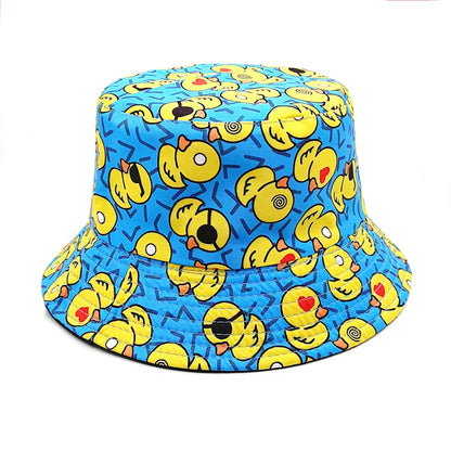 Double-sided Yellow Duck Print Pattern Panama Summer Sunscreen Fisherman Cap Bucket Hat