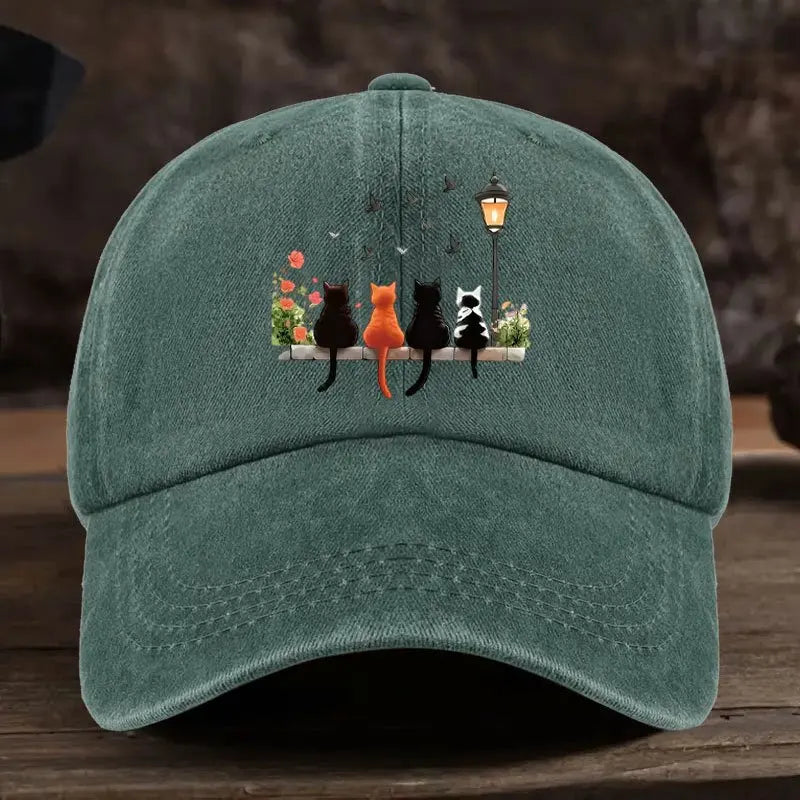 Washed Baseball Cap With Lantern Cats Cartoon Pattern Print