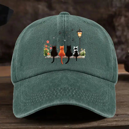 Washed Baseball Cap With Lantern Cats Cartoon Pattern Print