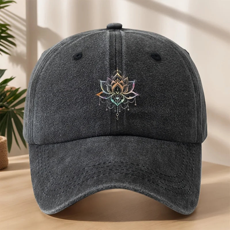 Vintage Versatile Cartoon Lotus Print Washed Vintage Soft Top Sunshade Baseball Cap