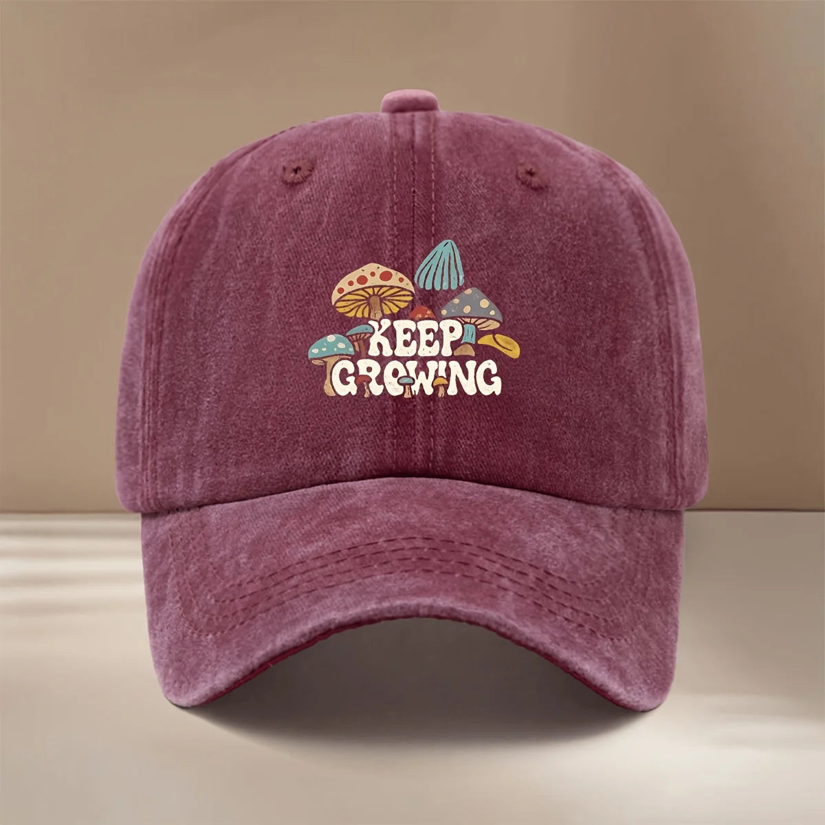 Baseball Cap With "KEEP GROWING" Text And Mushroom Pattern