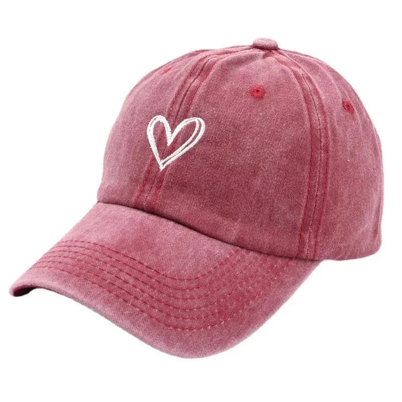 Spring Summer Hat Denim Baseball Hat Female Embroidered Peach Heart Wash Casual Korean Version