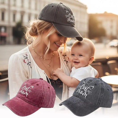 Cat Mom Embroidered Washed Cotton Baseball Cap