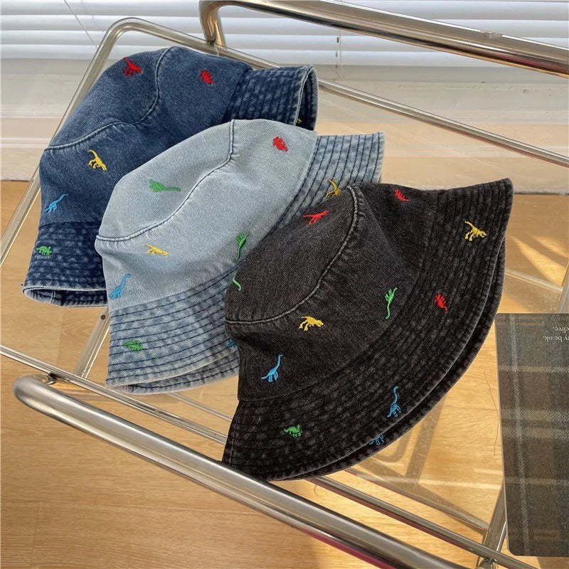 New Denim Summer Bucket Hat For Women Embroidery Cute Cartoon Dinosaur