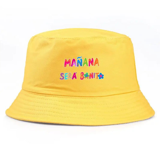 Black Bucket Hat With Wide Brim Rainbow Gradient 'MANANA SERA BONITO' Print