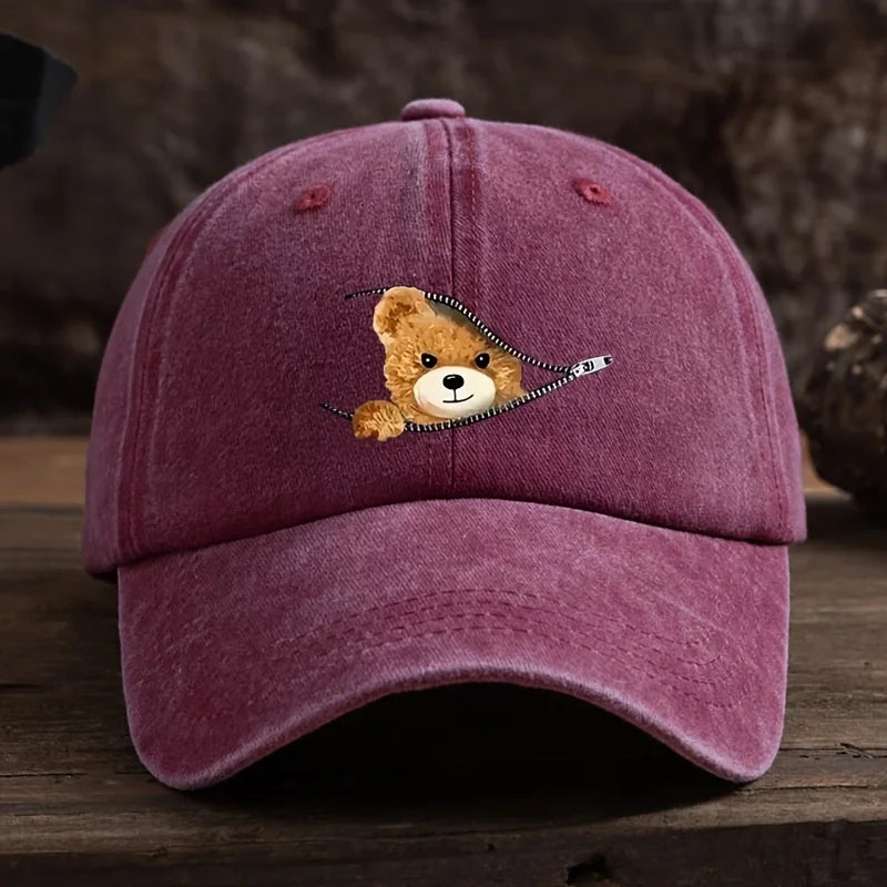 Zippered Bear Print Baseball Cap
