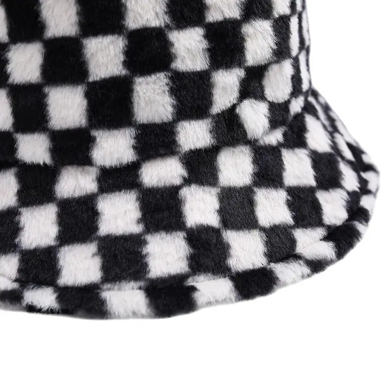 Ins Checkerboard Hat Women's Korean Version Plush Pink Bucket Hat