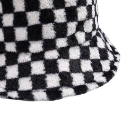 Ins Checkerboard Hat Women's Korean Version Plush Pink Bucket Hat
