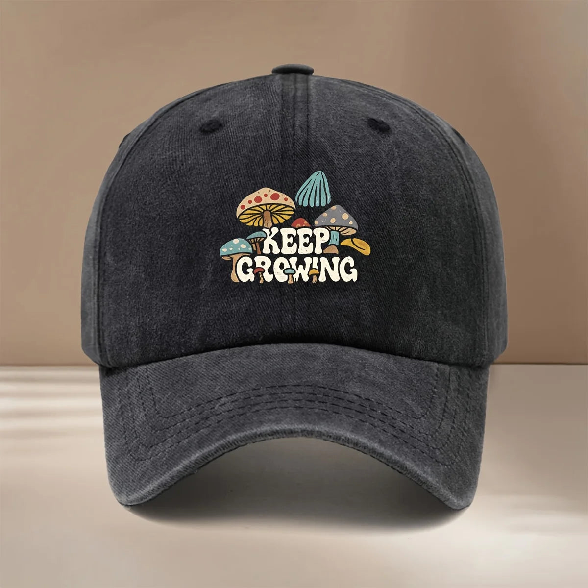 Baseball Cap With "KEEP GROWING" Text And Mushroom Pattern