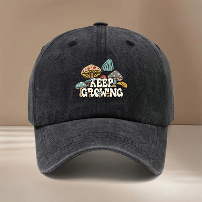 Baseball Cap With "KEEP GROWING" Text And Mushroom Pattern