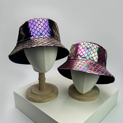 Shiny PU Leather Colorful Bucket Hats Sunshade New Unisex Fisherman Caps
