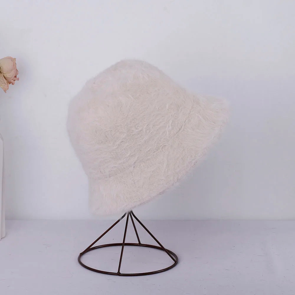 New Hat Winter Women's Fashion Solid Color Rabbit Fur Hat Bucket Cap