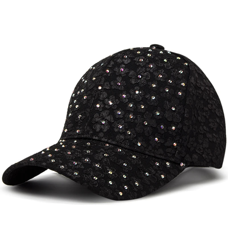 CNTANG Summer Women Rhinestone Baseball Cap Flower Embroidery Hats