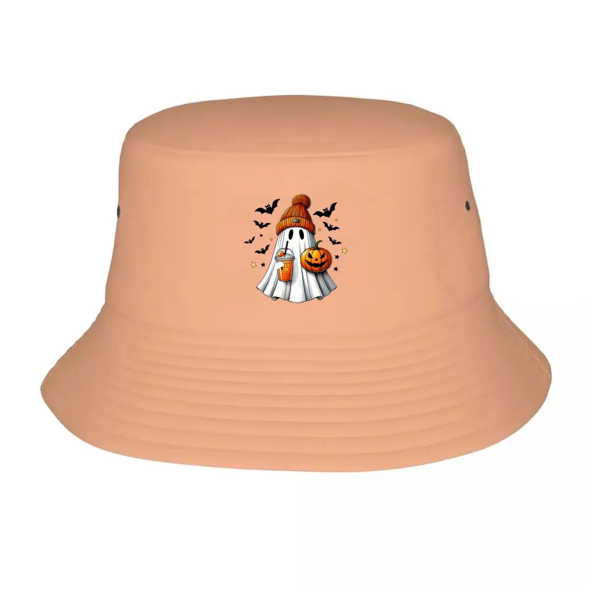 Cute Halloween Ghost With Knitted Beanie Pumpkin And Bubble Tea Bucket Hat