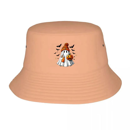 Cute Halloween Ghost With Knitted Beanie Pumpkin And Bubble Tea Bucket Hat