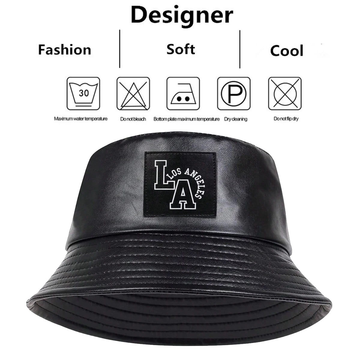 Unisex LA Letter Label Personality Pu Leather Bucket Hats