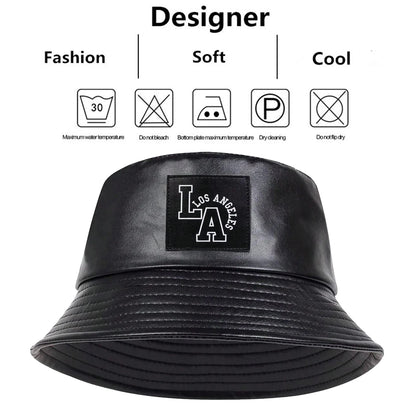 Unisex LA Letter Label Personality Pu Leather Bucket Hats
