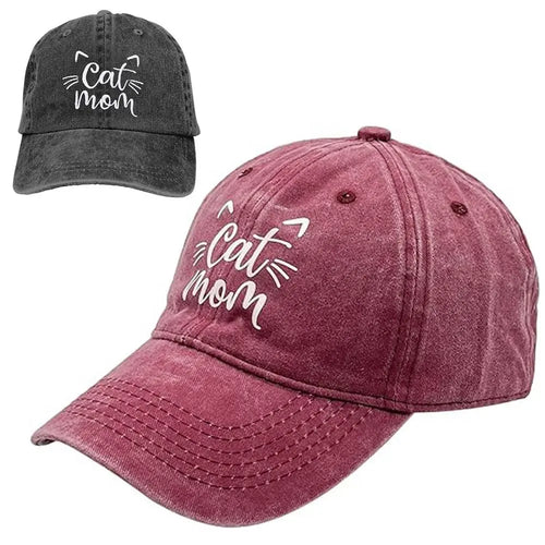 Cat Mom Embroidered Washed Cotton Baseball Cap