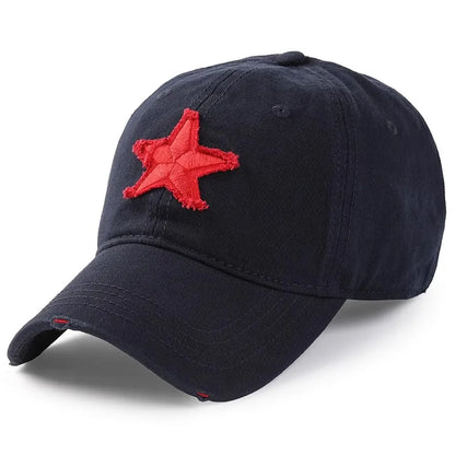 Vintage Distressed Baseball Cap with Red Star Embroidered Patch Ladies Cotton