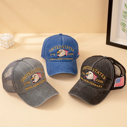 United States 250th Anniversary 1776-2026 Bald Eagle Embroidered Washed Mesh Baseball Cap