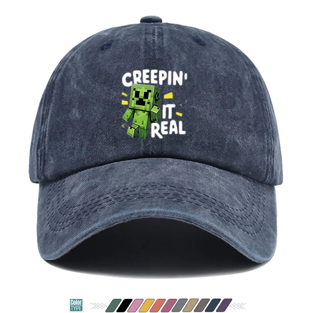 "Block-Based Game" Creeper Print Baseball Cap Fun English "CREEPIN' IT REAL