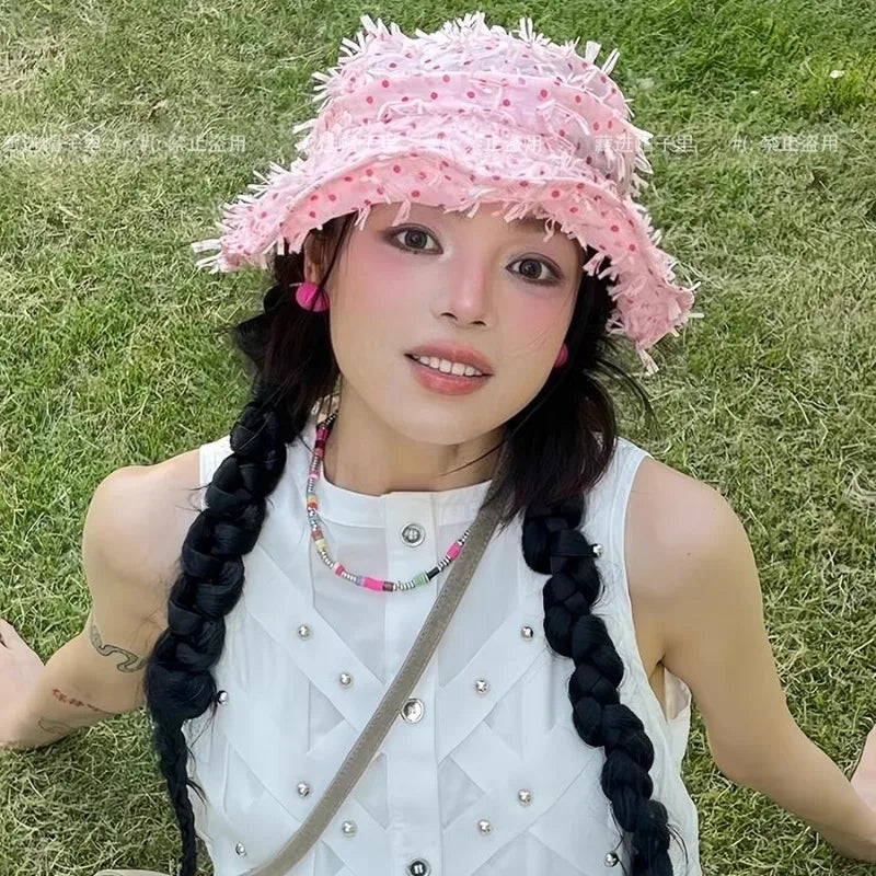 Niche Pink Polka Dot Mesh Bucket Hat