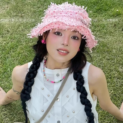 Niche Pink Polka Dot Mesh Bucket Hat