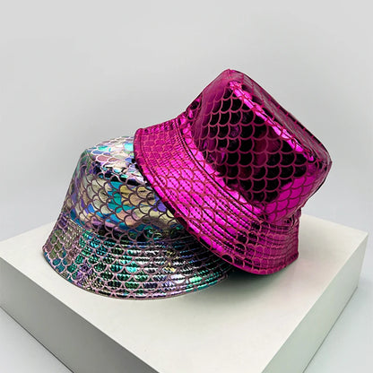 Shiny PU Leather Colorful Bucket Hats Sunshade New Unisex Fisherman Caps