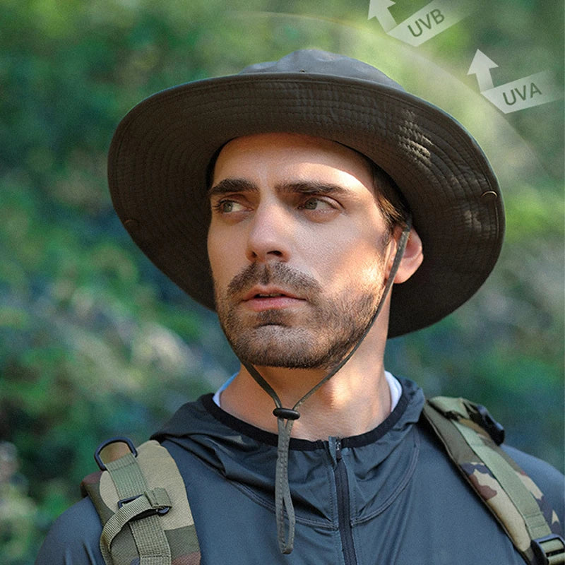 Men Bucket Hat Summer Leather Rope Chain Sun Hat Waterproof