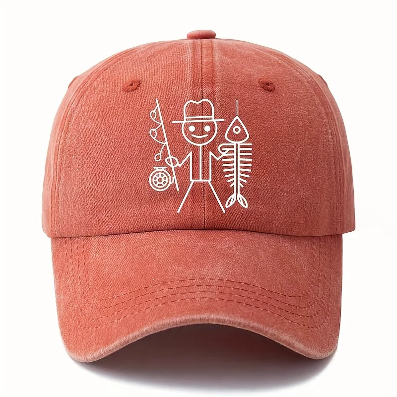 Printed Cartoon Man Fishing Baseball Cap