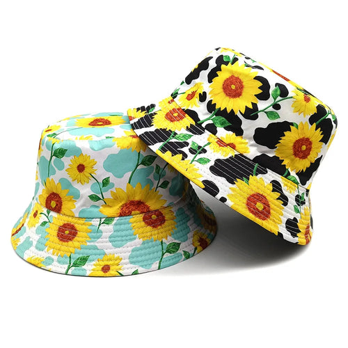 Women's Reversible Cow Print Sunflower Flower Print Bucket Hat