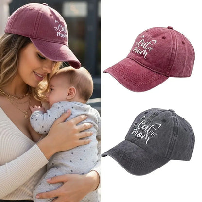 Cat Mom Embroidered Washed Cotton Baseball Cap